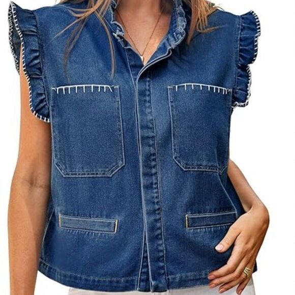 Denim Ruffle Trim Sleeveless Vest Small NWOT – Cottagecore, Western, Prairiecore - Picture 1 of 4